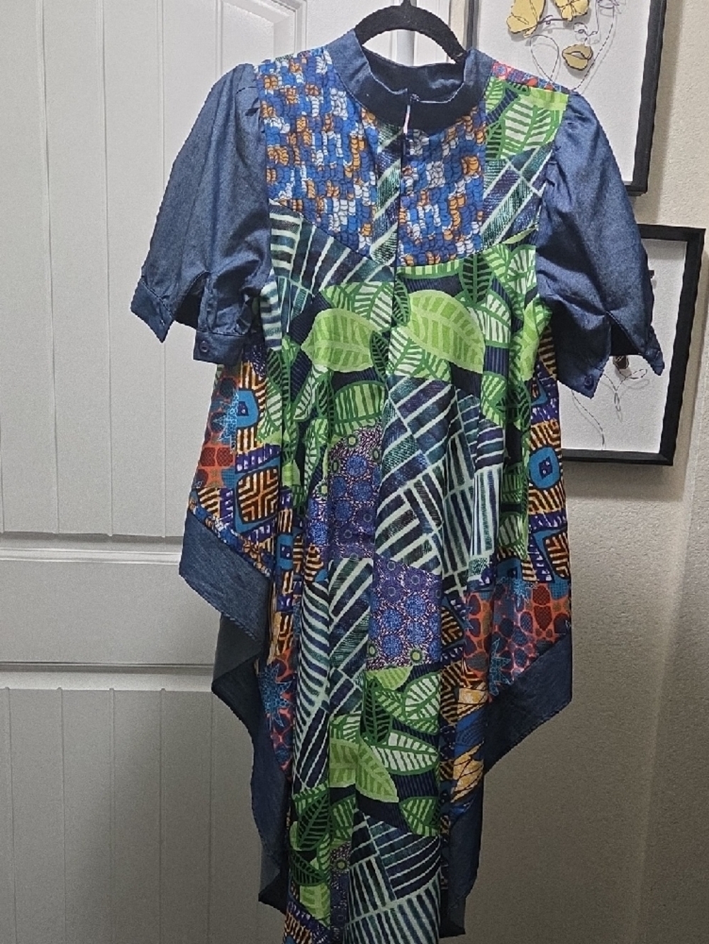 Patchwork Multicolor Short Sleeve Blouse with Denim Trim - Picture 5 of 6